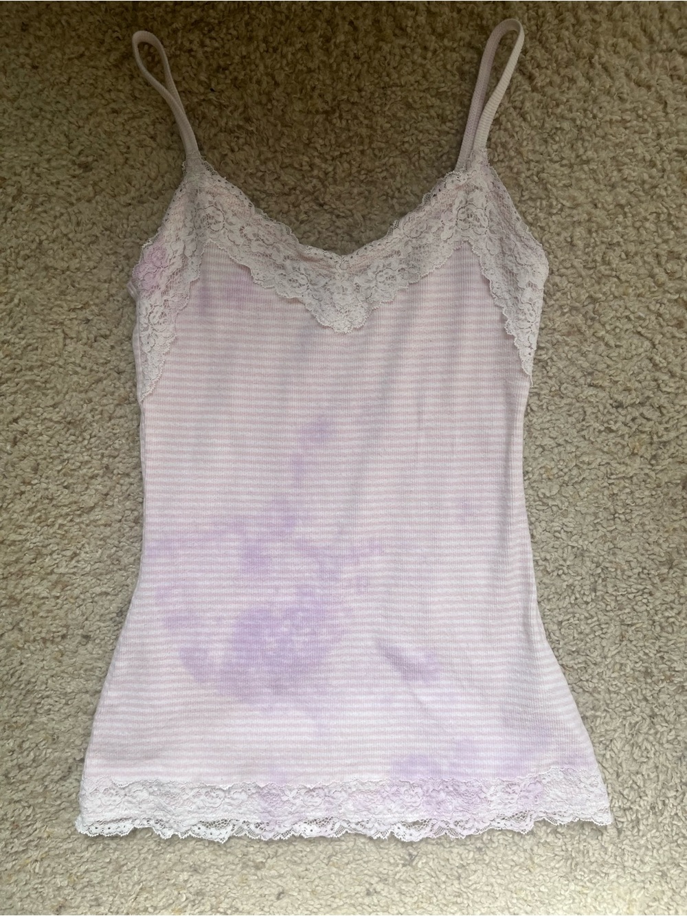 Vintage Y2K Hollister Light Pink and White Striped Lace-Trim Layering Tank Top